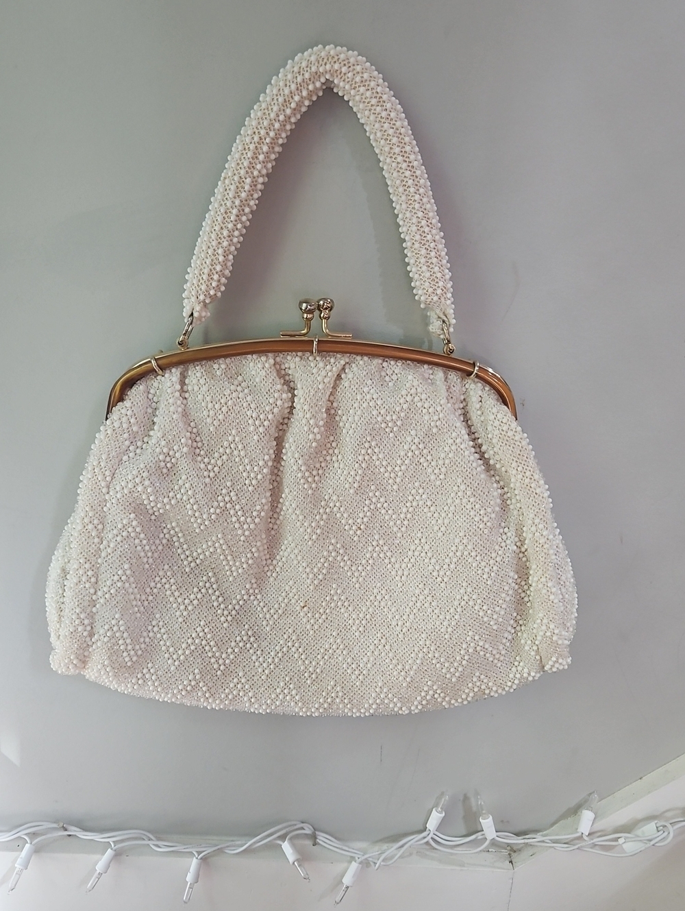 Vtg. Handmade In Hong Kong Elegant Ivory Beaded‎ Glam Evening Handbag Cheveron